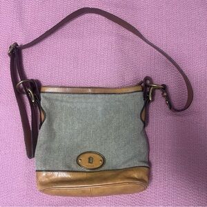 FOSSIL MADDOX Leather Khaki Canvas Bucket Crossbody Shoulder Bag Traveler